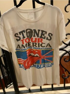 the Rolling Stones White Tee with Red, Green & Yellow Graphic